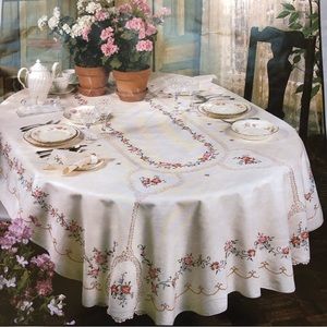 Hand cross stiched and hand crochet lace tablecloth with napkins NEW price firm!